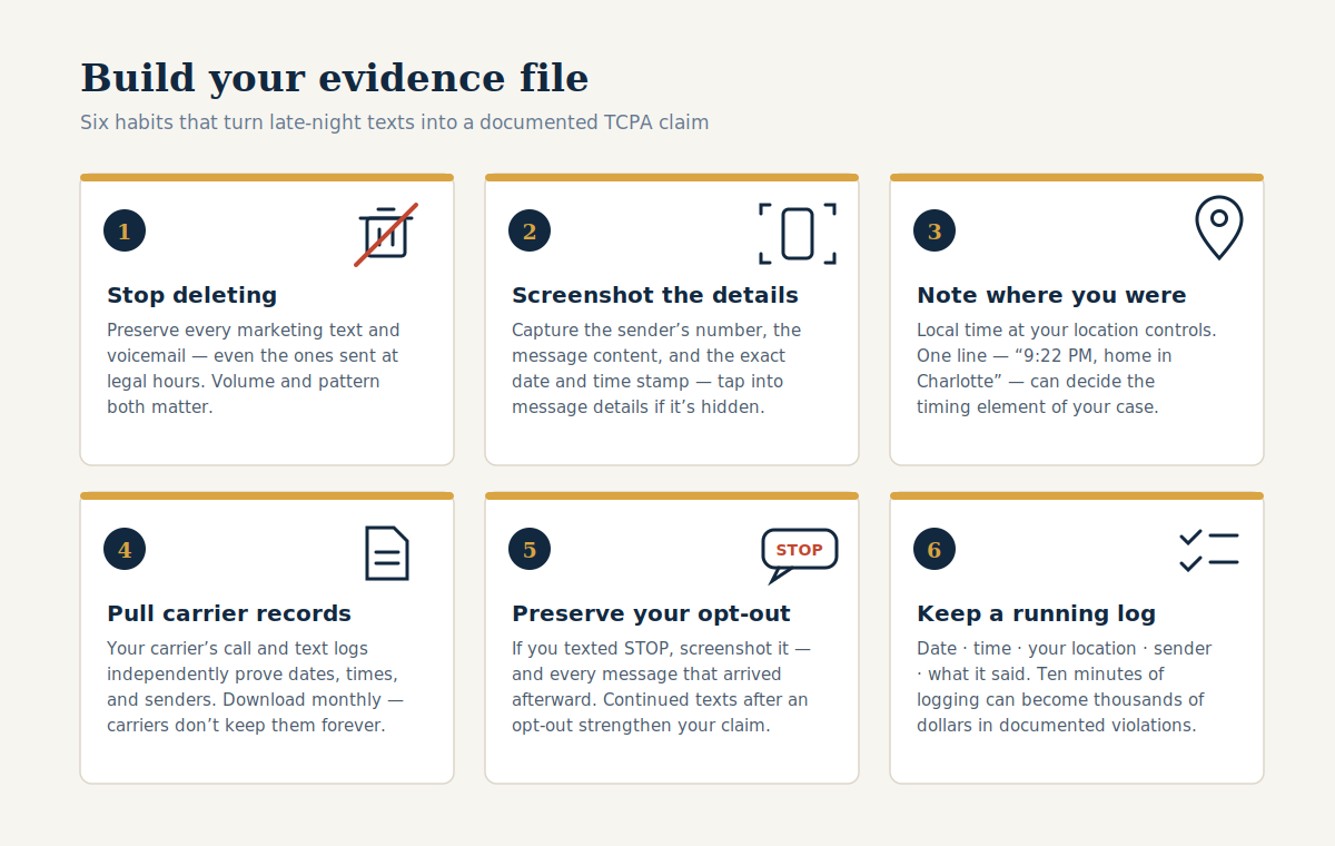 Six-step evidence checklist: stop deleting, screenshot details, note location, pull carrier records, preserve opt-out, keep a running log
